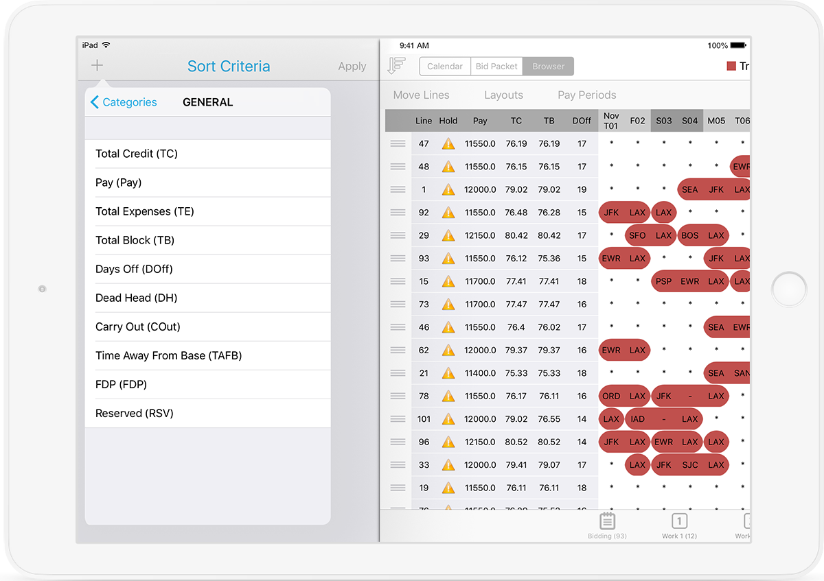 image of sort criteria on BidPro Plus! Bidding iPad app for Alaska