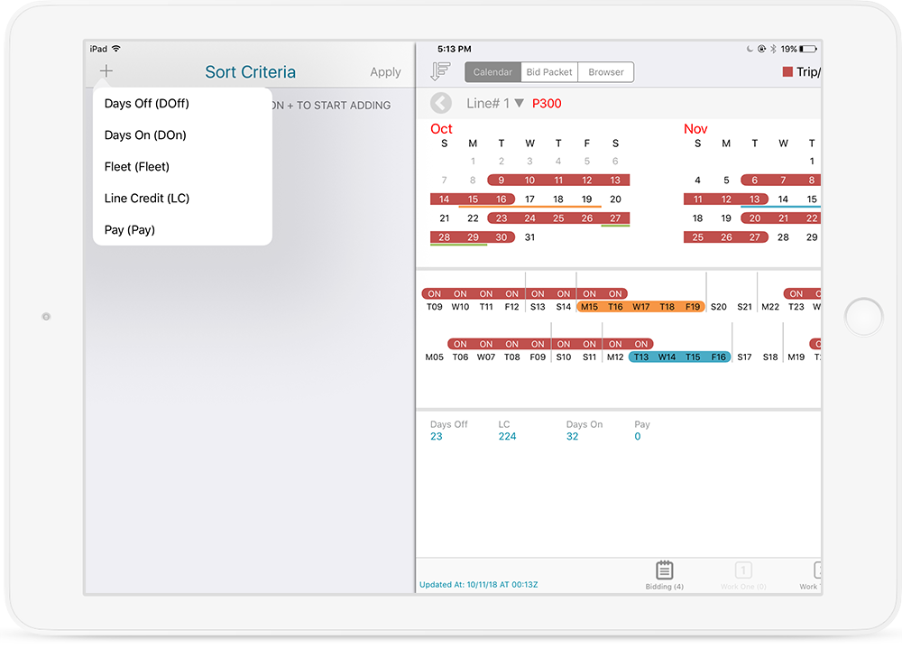 image of sort criteria on BidPro Plus! Bidding iPad app for JetSuite