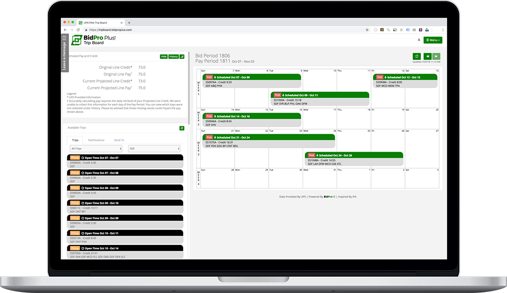 image of BidPro Plus! UPS Trip Board application on MacBook